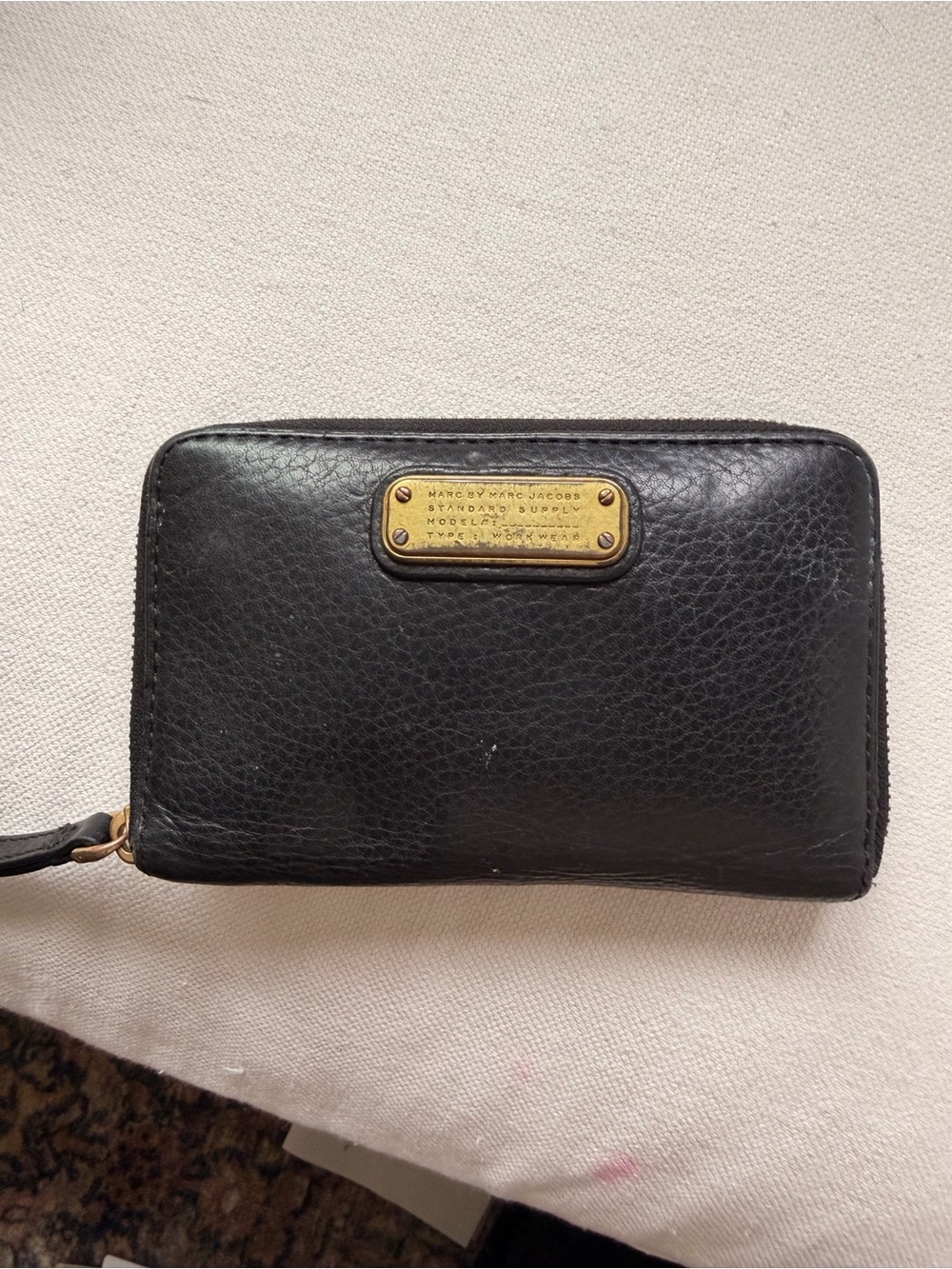 Marc by Marc Jacobs Black Leather Zip-Around Wallet with Gold Plaque